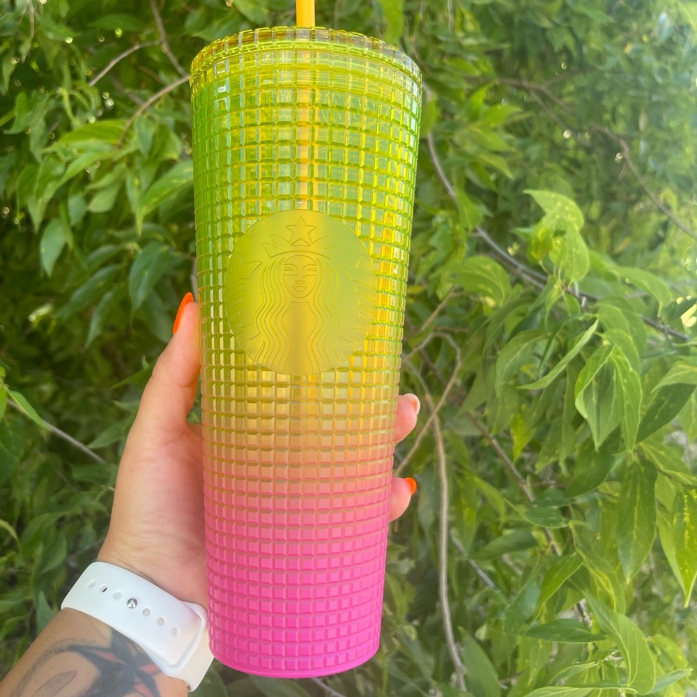 Starbucks Tumbler 2022 Neon Yellow & Pink Ombre Grid Disco Cup